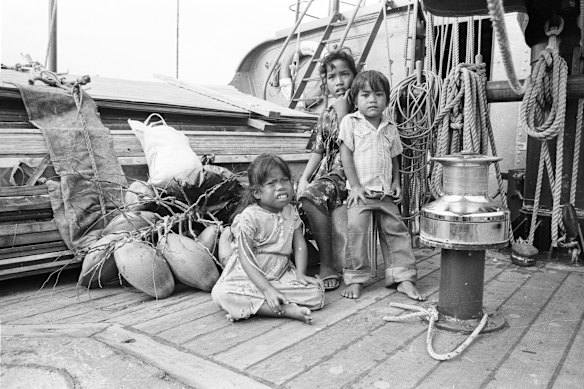 The 1985 evacuation from Rongelap Atoll. Pictured are three of Swinley Freddy’s children (from left), Julie, Sylvia and Tony.