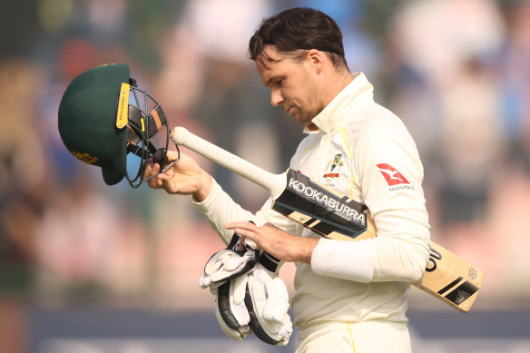 Pete Handscomb ponders his Delhi dismissal on the fateful third morning.