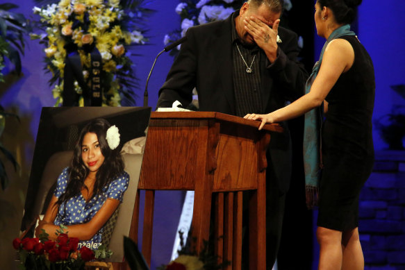 Reynaldo Gonzalez breaks down while remembering his daughter Nohemi Gonzalez, Paris attack victim, at her funeral in Downey, California in 2015.