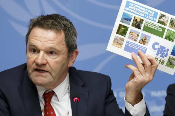 Tom De Meulenaer, chief of scientific services of CITES talks to the media.