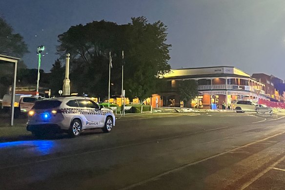 Police at the scene of a fatal car crash outside a pub in Daylesford.