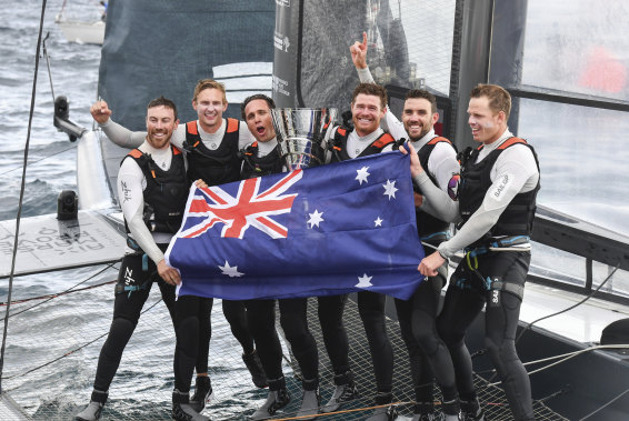 Team Australia celebrate winning the SailGP Season 01 Championship in Marseille on Sunday.