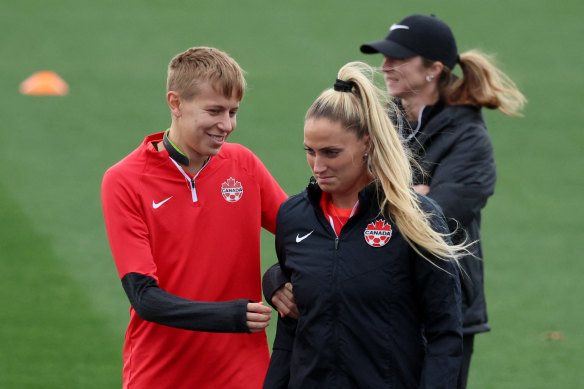 Canada’s Quinn with teammate Shelina Zadorsky at training.