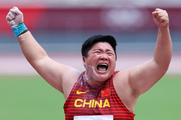 Lijiao Gong of China reacts after winning the gold medal in the women’s shot put final on Sunday.