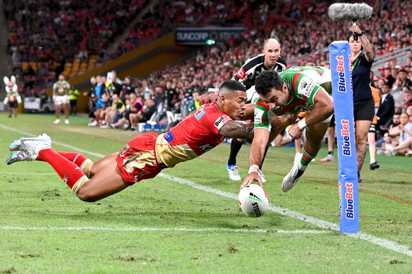 Alex Johnston dives over for a try during the Rabbitohs’ second-half blitz.