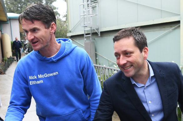 Liberal MP Nick McGowan with then-opposition leader Matthew Guy in 2018.