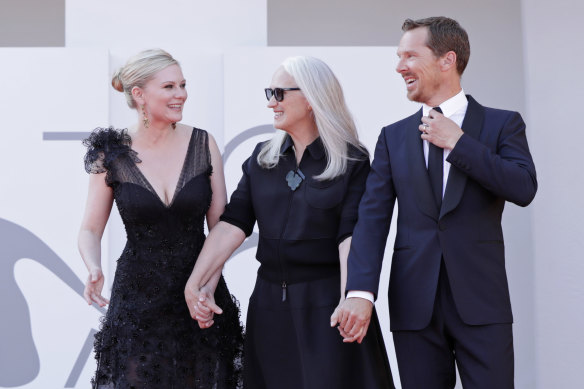 Kirsten Dunst, Jane Campion and Benedict Cumberbatch at the Venice Film Festival red carpet of the movie The Power Of The Dog.