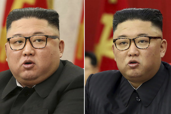 Kim Jong-un at Workers’ Party meetings in Pyongyang on February 8, left, and on June 15. Last time Kim faced rumours about his health, he had walked with a cane, missed an important state anniversary or panted for breath. 
