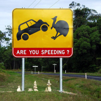 A sign in Mission Beach in Queensland warns motorists of the presence of cassowaries.