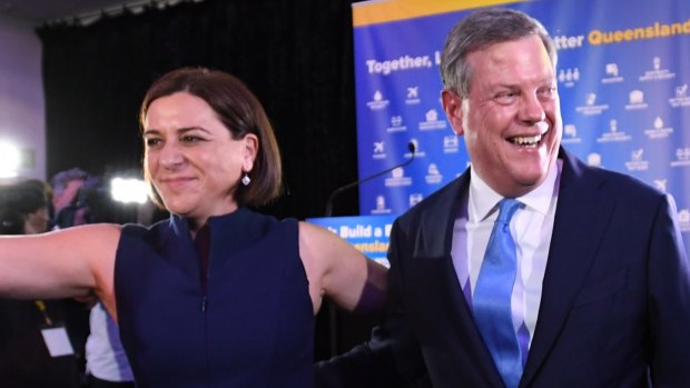 Deputy Opposition Leader Deb Frecklington, pictured with LNP leader Tim Nicholls, has put her hand up for the job as leader.
