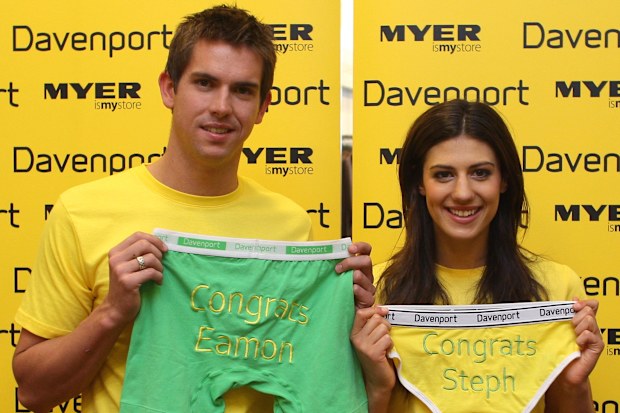  Olympic swimmers Stephanie Rice and Eamon Sullivan make an in-store appearance for Davenport Underwear at Myer Brisbane City on August 28, 2008 in Brisbane,