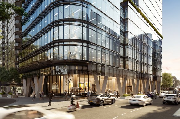 Renders of property developer JQZ’s planned office tower at 558 Pacific Highway, St Leonards.