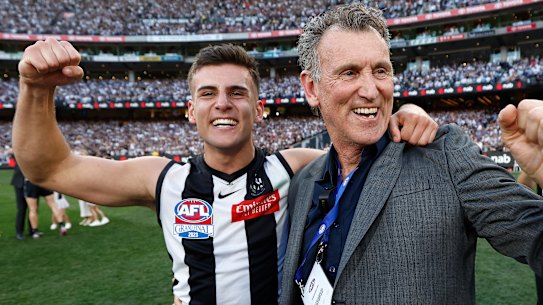 The Magpies used four late picks to match a bid on father-son Nick Daicos at pick 2 in the 2021 national draft. He celebrated with his famous dad Peter after winning the 2023 premiership