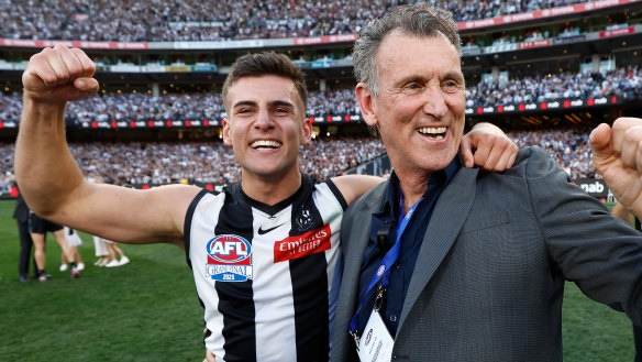 The Magpies used four late picks to match a bid on father-son Nick Daicos at pick 2 in the 2021 national draft. He celebrated with his famous dad Peter after winning the 2023 premiership