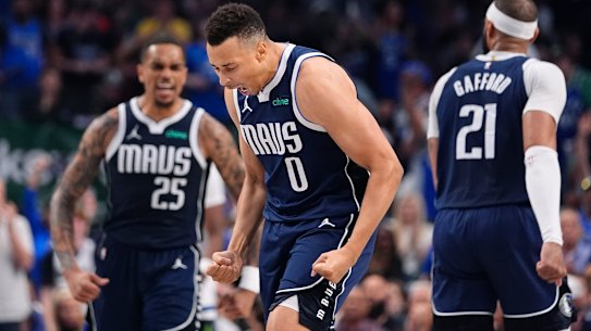 Dallas Mavericks guard Dante Exum (0) reacts to a play in the Western conference finals