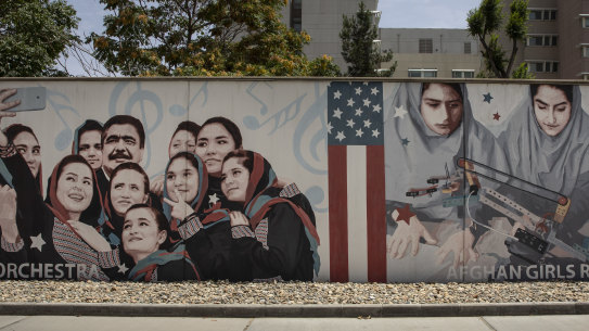 Murals are seen along the walls at a quiet US embassy in Kabul, Afghanistan.