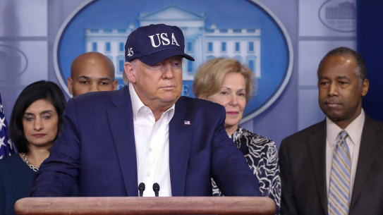 President Donald Trump speaks during a briefing on the coronavirus at the White House. 