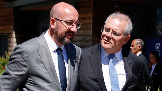 European Council President Charles Michel and Prime Minister Scott Morrison, pictured during the G7 in June.