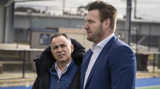 Liberal leader John Pesutto and Sam Groth, who has stood down as a frontbencher.
