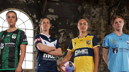 Current and former Matildas Chloe Logarzo, Elise Kellond-Knight, Kyah Simon and Cortnee Vine ahead of the start of the A-League this weekend.