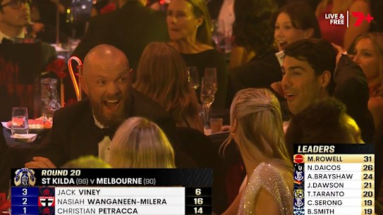Max Gawn and Christian Petracca show their disbelief that Nasiah Wanganeen-Milera missed getting the three votes.