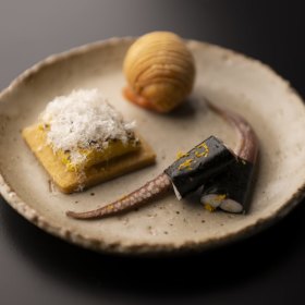 Pickled squid, sweet corn on shortbread and foie gras puff. 