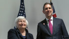 Janet Yellen shake hands with Jim Chalmers before a bilateral meeting on in Washington.