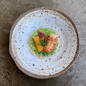 Marron, coconut curry broth and karkalla.