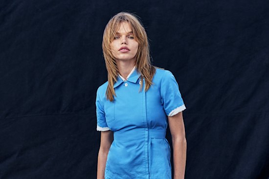 Miu Miu blue shirt, $2650, white shirt (worn beneath), $2370, briefs, $1370, and loafers, $1580.