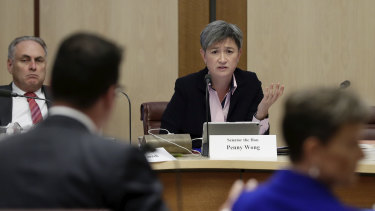 Labor senator Penny Wong puts questions to Assistant Minister for Treasury and Finance Zed Seselja on Tuesday. 