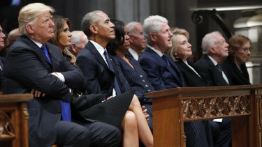 US President Donald Trump and first lady Melania, with predecessors Barack and Michelle Obama, Bill and Hillary Clinton, and Jimmy and Rosalynn Carter at the funeral of George H.W. Bush.