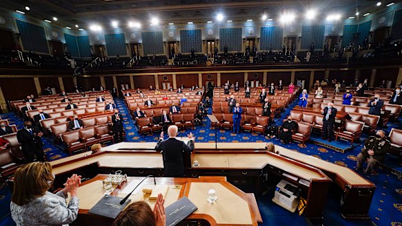 Big vision for the US: President Joe Biden addresses a joint session of a socially distant Congress.