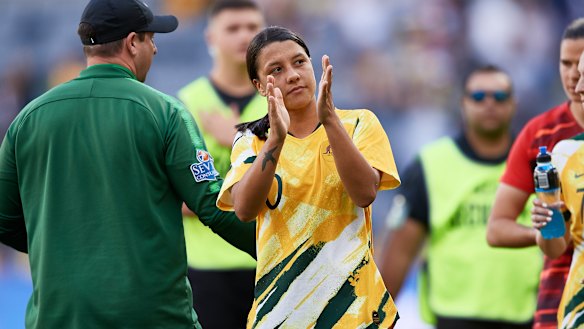 Sam Kerr gives her thanks to the record crowd that watched the Matildas beat Chile at Bankwest Stadium.