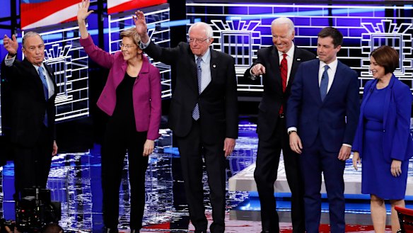 From left: Bloomberg, Warren, Sanders, former vice-president Joe Biden, former South Bend mayor Pete Buttigieg and senator Amy Klobuchar before the debate in Nevada.