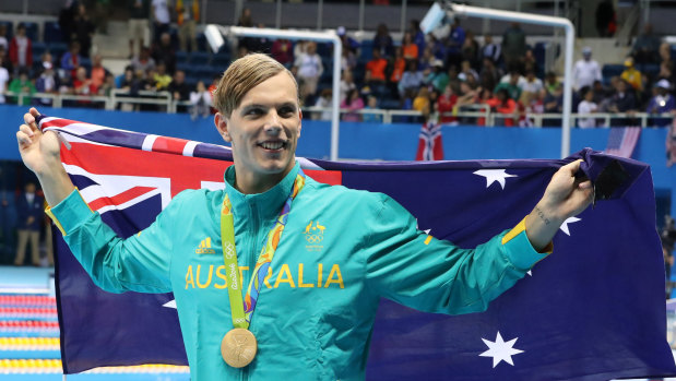 Swimmer Kyle Chalmers celebrates gold in the 100m freestyle at the 2016 Olympics in Rio.