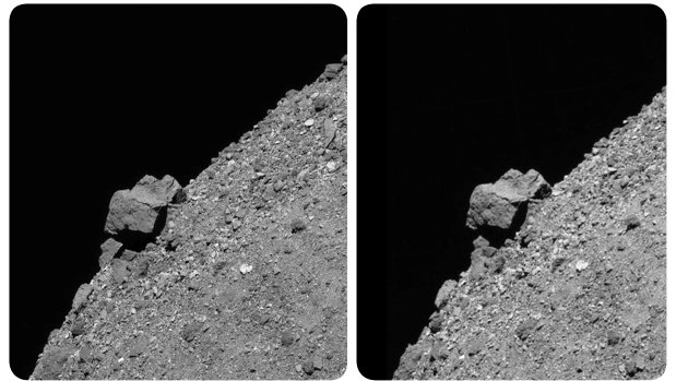 This combination of photos made available by NASA shows a set of stereoscopic images of a large(52-metre boulder that juts from asteroid Bennu's southern hemisphere and the rocky slopes that surround it. 