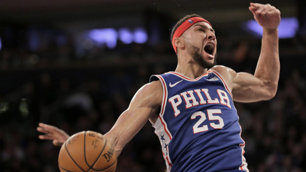 The 76ers' Ben Simmons reacts after a dunk against the Knicks.