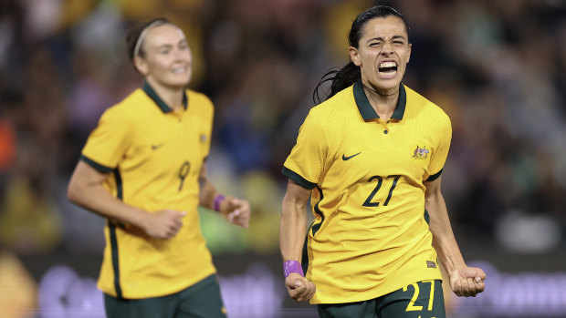 Alex Chidiac celebrates scoring against Jamaica as Australia takes out the Cup of Nations tournament.