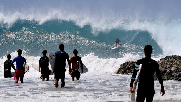 Surfers make the most of large surf at Snapper Rocks on the Gold Coast on Thursday.