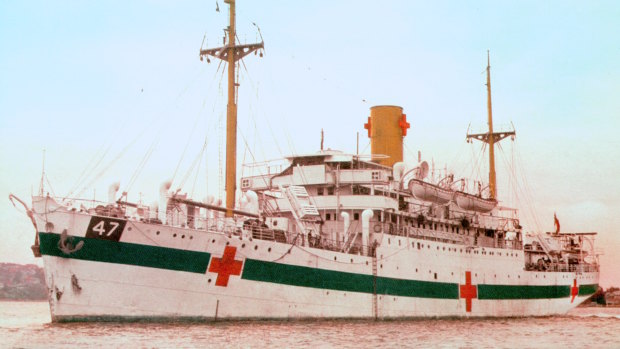 The Centaur, docked in Sydney in 1943. This hand-coloured photograph was entered into evidence during a war crimes inquiry to demonstrate the ship’s unambiguous hospital ship paint scheme.