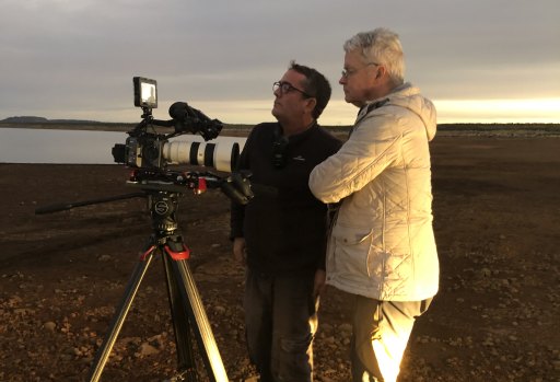 Bill Bennett (right) and cinematographer Scott Last work on the documentary <i>Facing Fear</i>.