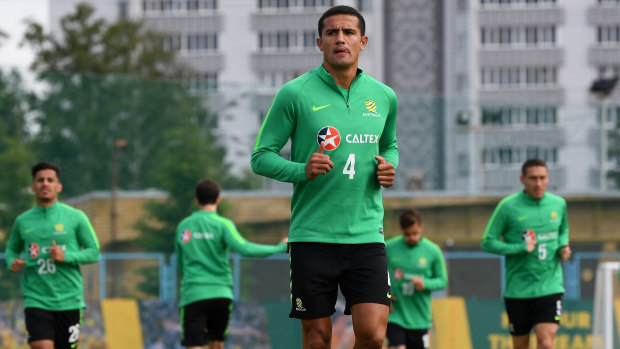 Team goal: Tim Cahill trains with the Socceroos in Kazan.