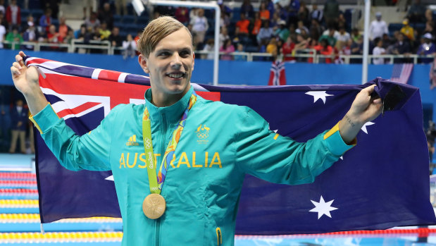 Swimmer Kyle Chalmers celebrates gold in the 100m freestyle at the 2016 Rio  Olympics.