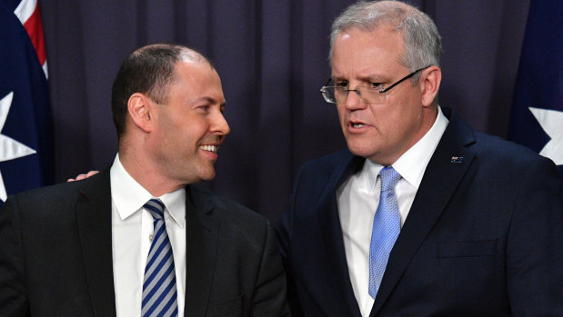 Josh Frydenberg and Scott Morrison after the leadership ballot.