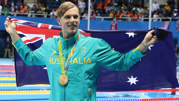 Kyle Chalmers celebrates gold in the 100m freestyle at the last Olympics in Rio.