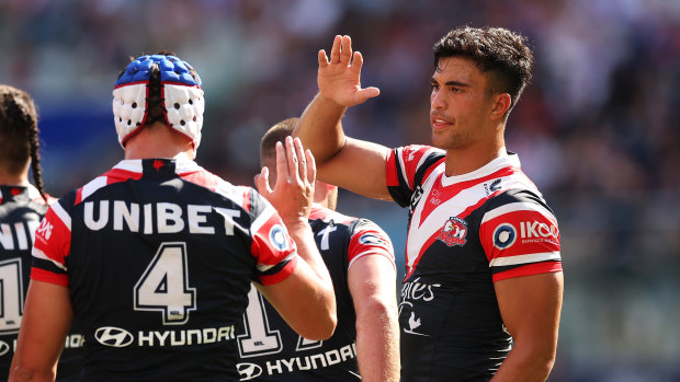 Joseph Suaalii and Joey Manu celebrate a try.