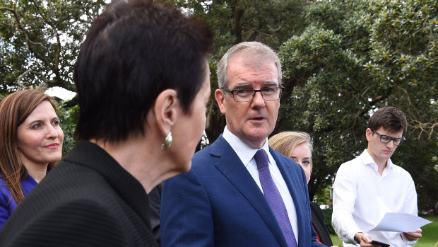 Michael Daley with Sydney lord mayor Clover Moore in Alexandria Park on Wednesday.