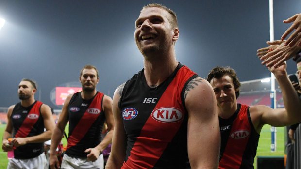 Jake Stringer leaves the field after Essendon's win over GWS.