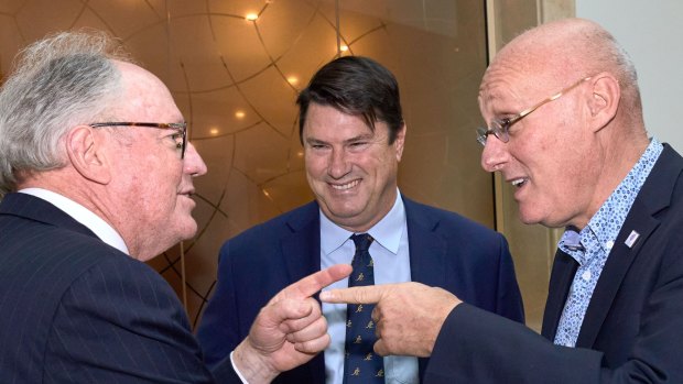 Suspended World Rugby vice-chairman Bernard Laporte (right), in happier days with 2027 World Cup chairman Rod Eddington and RA chairman Hamish McLennan. 