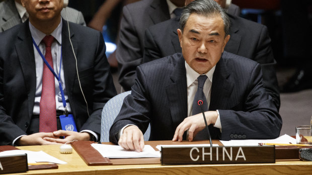 Chinese Foreign Minister Wang Yi speaks during a United Nations Security Council meeting.